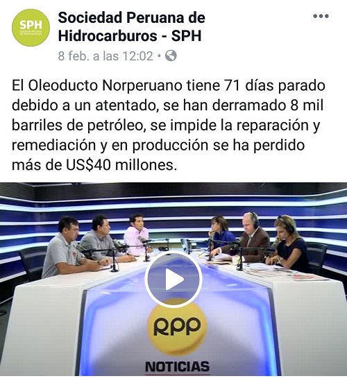 Publicación de entrevista radial a trabajadores petroleros que hacen llamado a la militarización en la Amazonía: https://www.facebook.com/sphidrocarburos/videos/378898372927950/